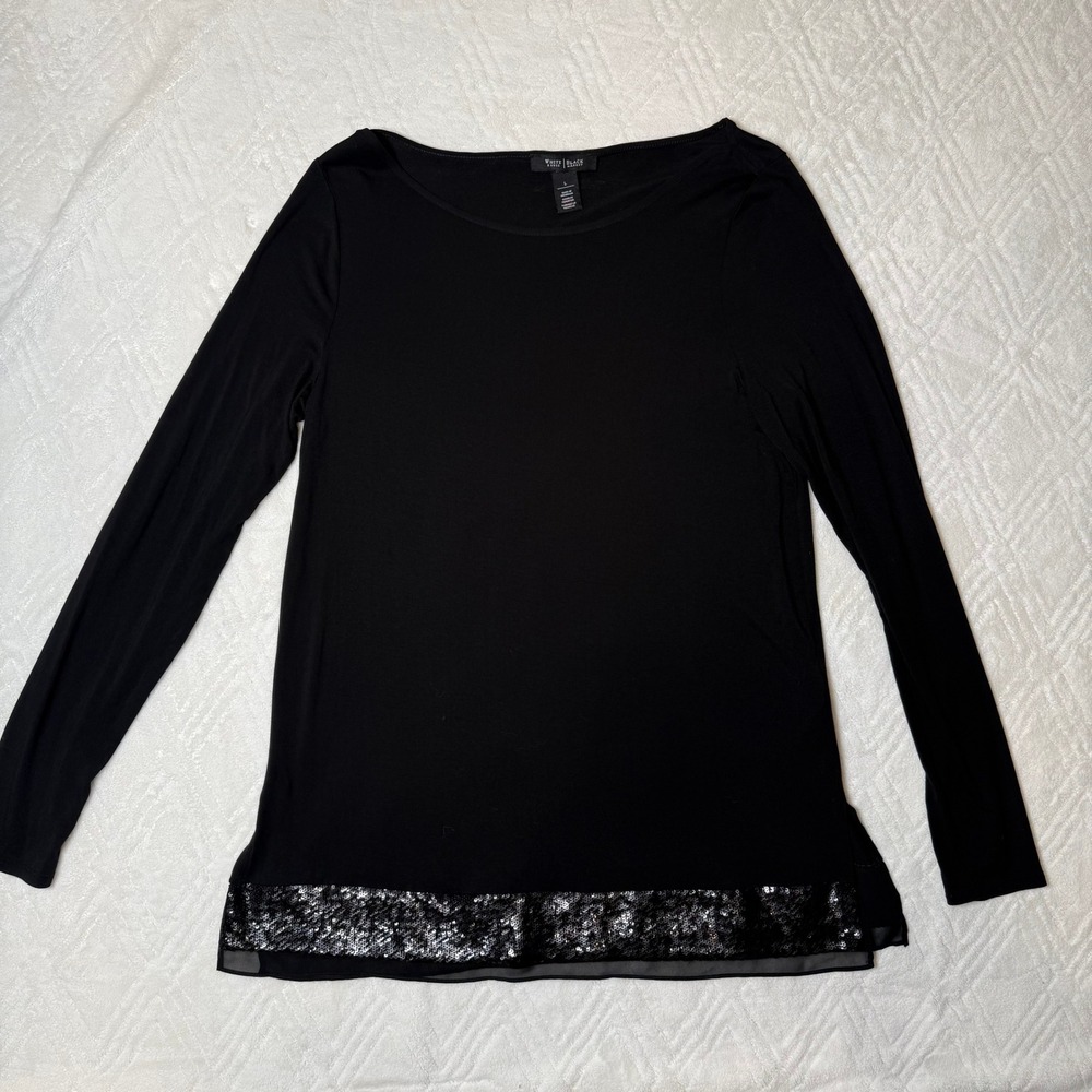 Party Glam White House Black Market Black Sequin Chiffon Hem Tunic Top L